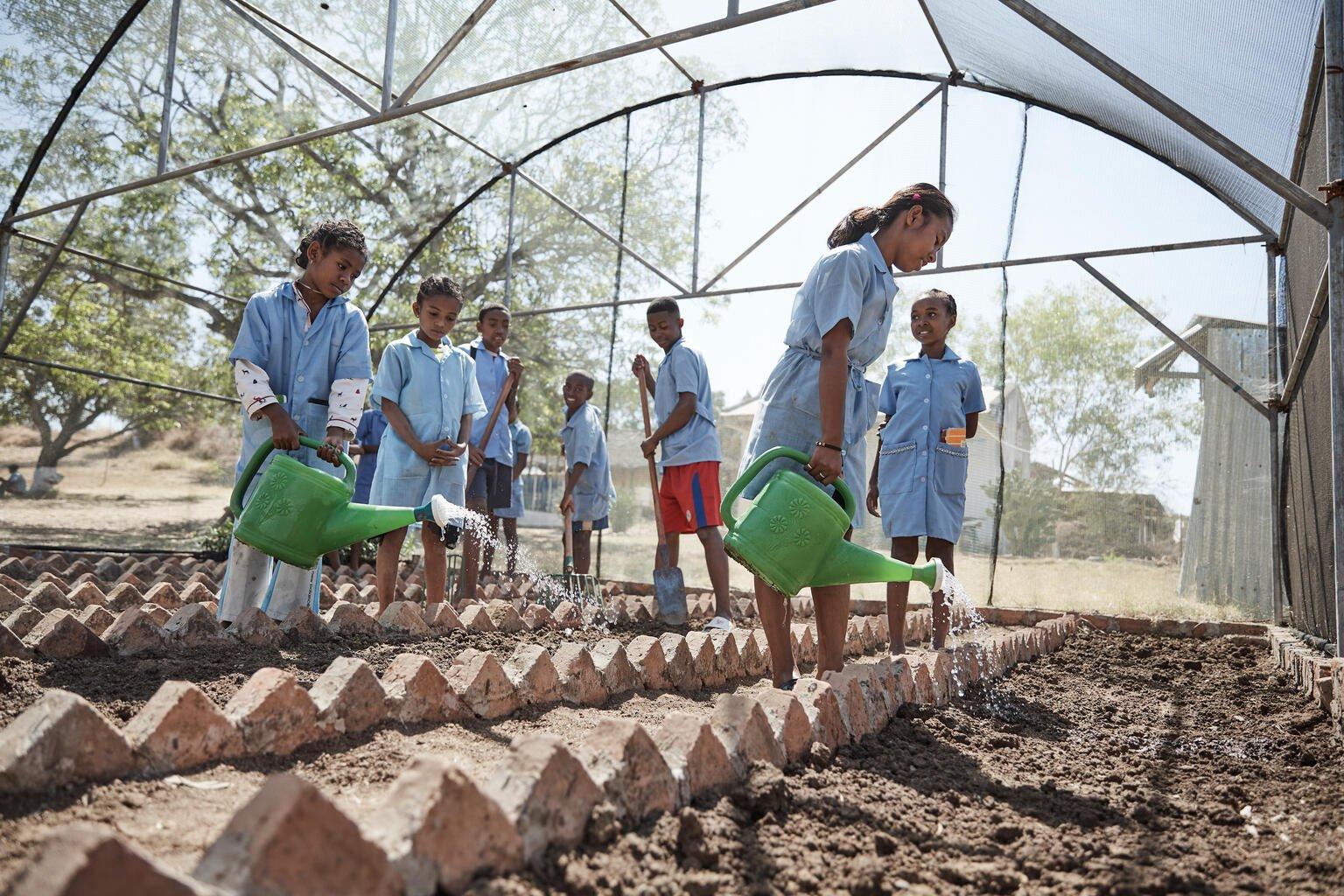 Klas leerlingen op een groene school in Madagaskar