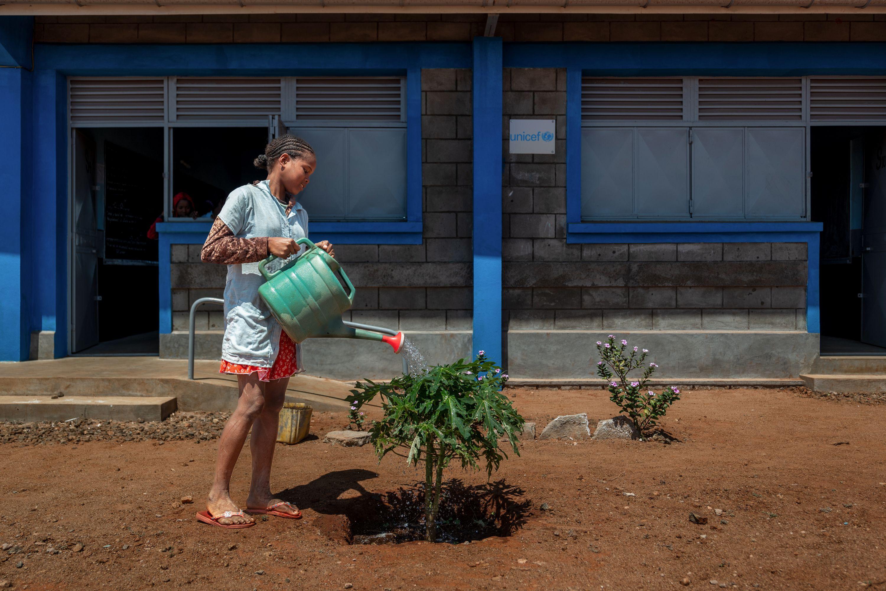 Meisje Madagascar geeft plant water