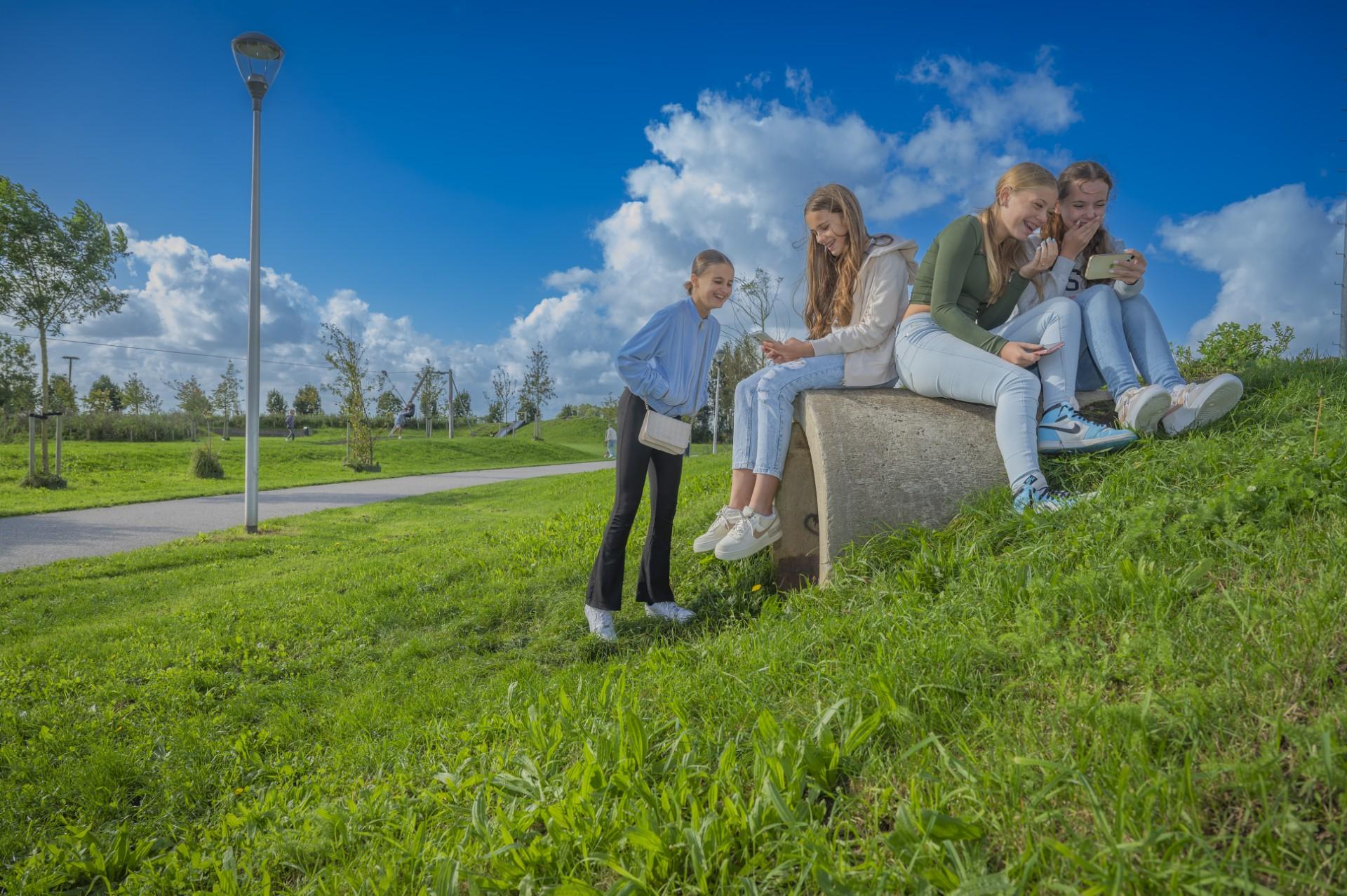 4 tieners kijkend naar een telefoon in een grasveld