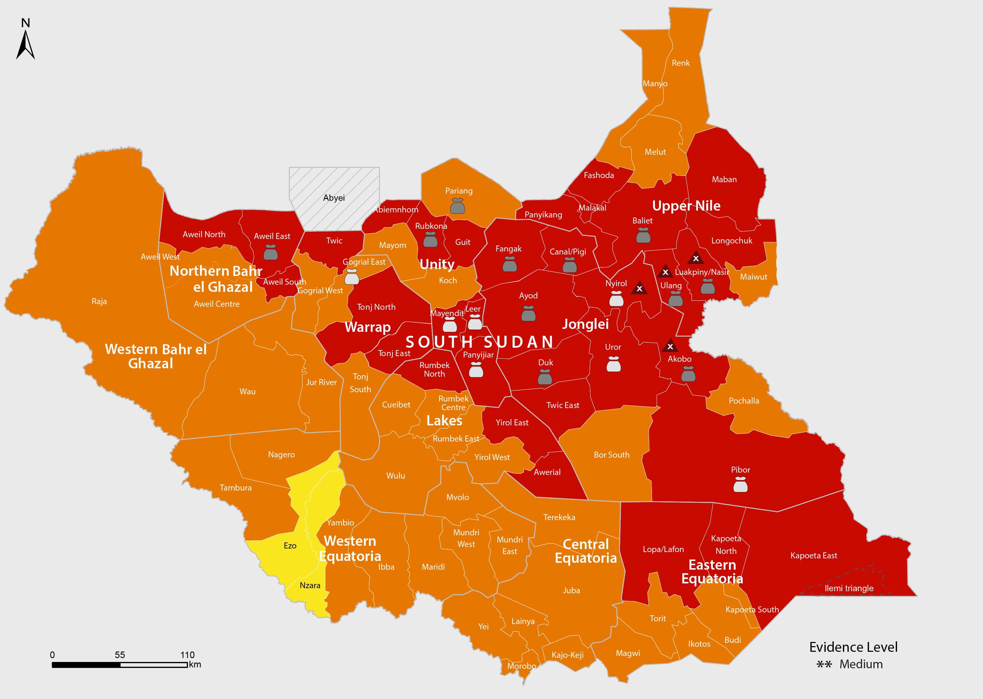 Kaart van Zuid Soedan waarin wordt aangegeven in welke regio's een hongercrisis dreigt